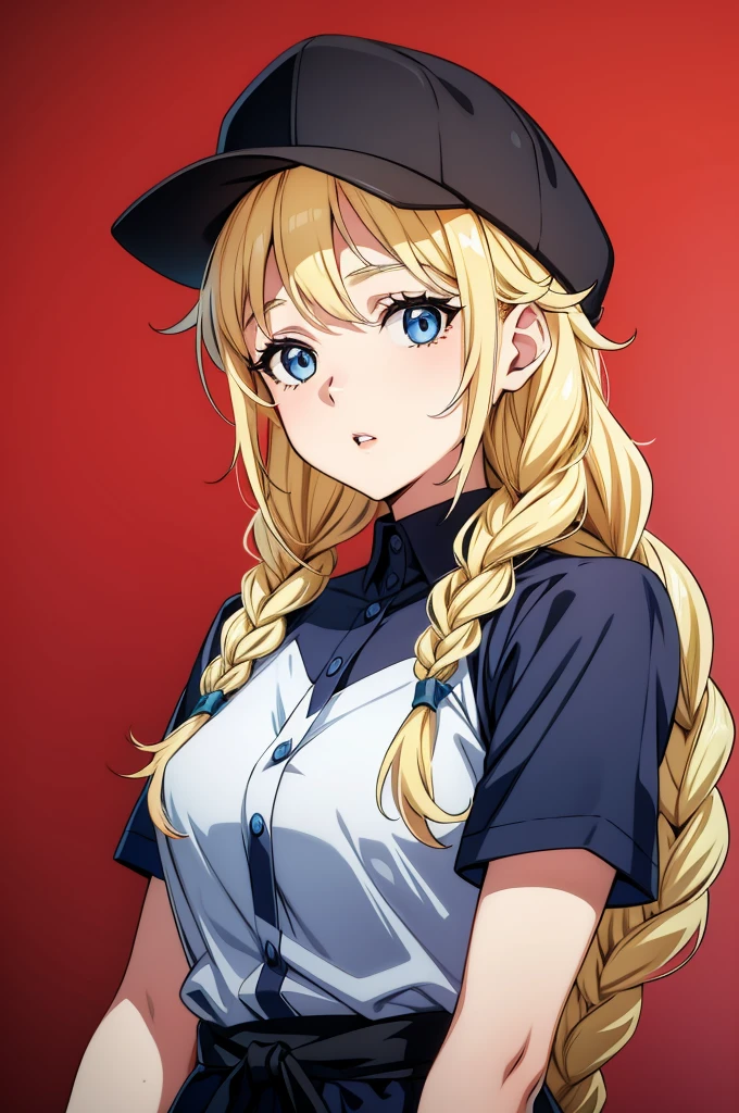 an attractive, and blonde female with a hat that is drawn with an anime style face, 1girl, solo, blue eyes, hat, blonde hair, twin braids, looking at viewer, braid, shirt, short sleeves, baseball cap, black shirt, parted lips, upper body, long hair, white headwear