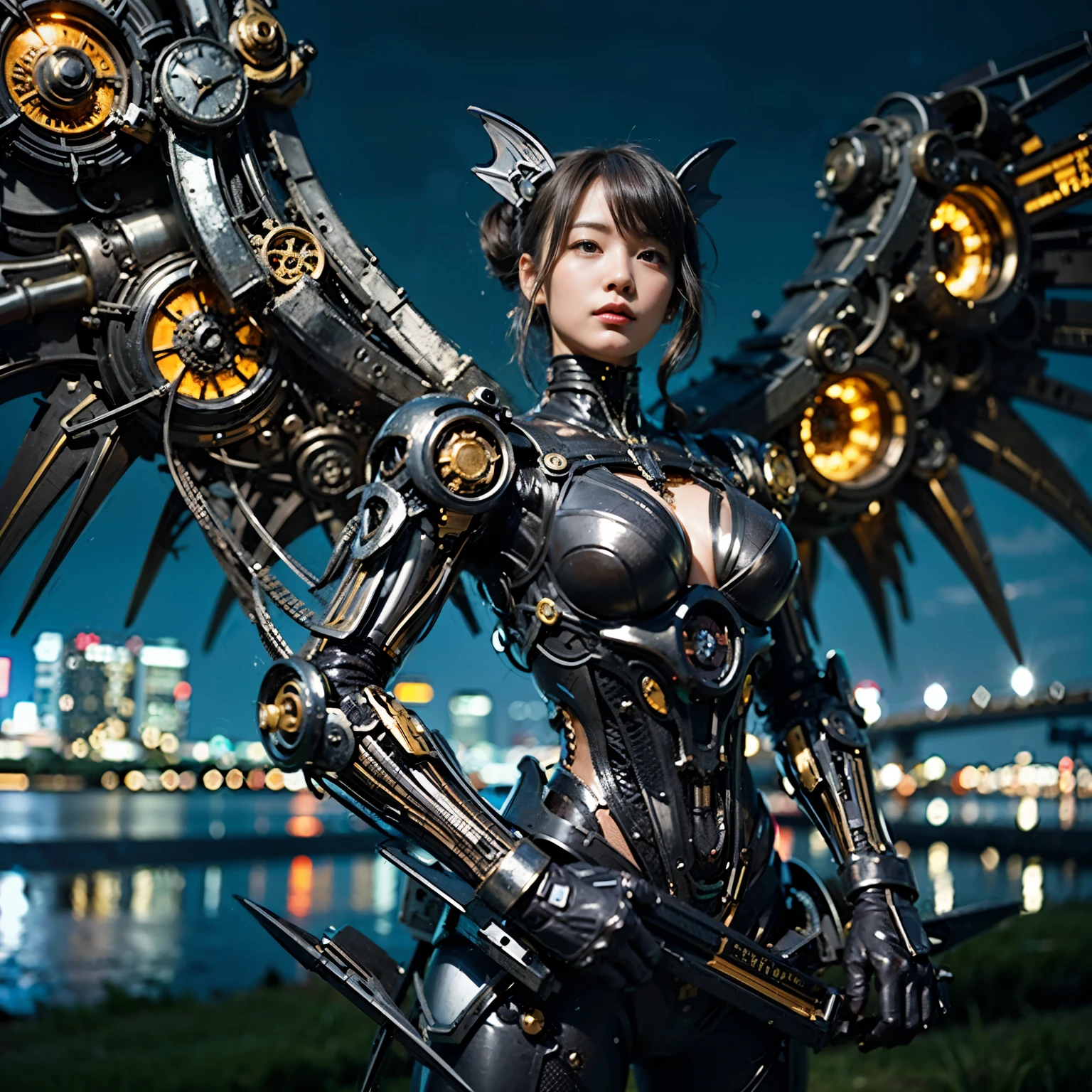 (Masterpiece, ultimate quality:1.2), 8k, Japanese woman wearing a devil-shaped powered suit, very beautiful face, mechanical, ultimately intricate details, full body shot, (ultimate photorealistic:1.37), park with a beautiful view at night, steampunk , full body image, wide angle