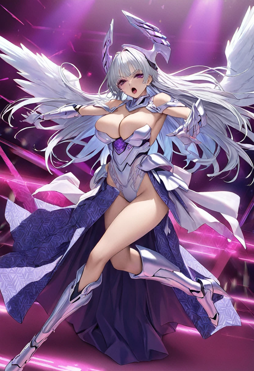 masterpiece、highest quality、Ultra-high resolution、Maximum resolution、Very detailed、Professional Lighting、anime、Adult women、thin、so beautiful、Screaming face、Brave face、Open your mouth、White and purple enamel high leg leotard、Purple pattern、((Cyber Armor))、Leg Armor、Shiny Armor、White decoration、Cyber Headgear、Shoulders show skin、Blue Earrings、Five fingers、Silver Hair、long hair、Purple Eyes、Beautiful eyeedium breast、Pink Lips、Angel Wings、Dynamic Pose、A moving picture、Long skirt with an open front、Is doing a punch attack、Fast movement