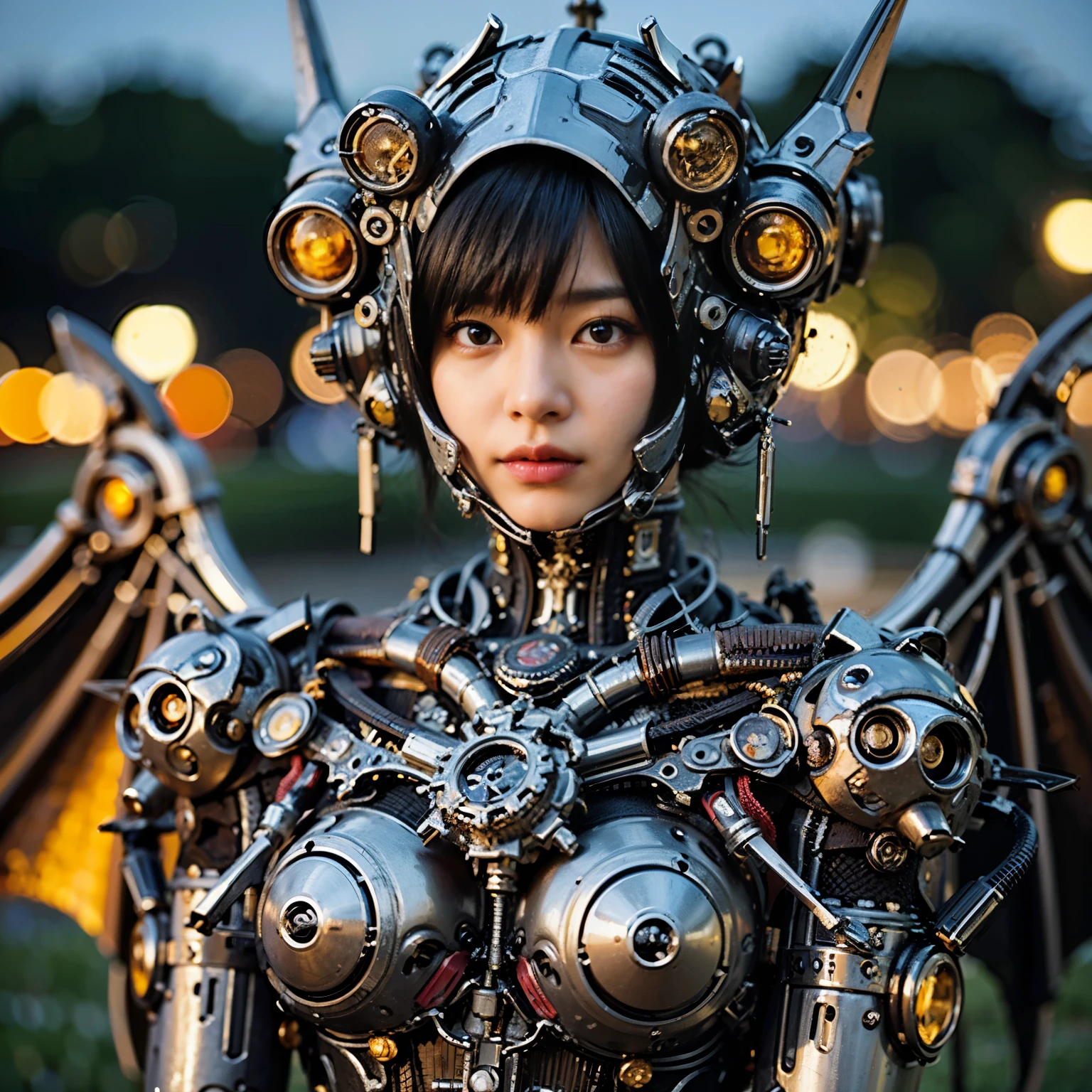 Masterpiece, (ultimate quality:1.2), 8k, Japanese woman in honet-type powered suit, silver base with yellow and black accents, very beautiful face, mechanical, (mechanical bat wings), hydraulic cylinder, power pipe, ultimately intricate details, full body shot, (ultimate photo Realistic:1.37), Beautiful moonlit cliffs by the sea, (Steampunk: 1.2), (Cyberpunk), Full body photo, Wide-angle shot, Please generate at least 4 photos.