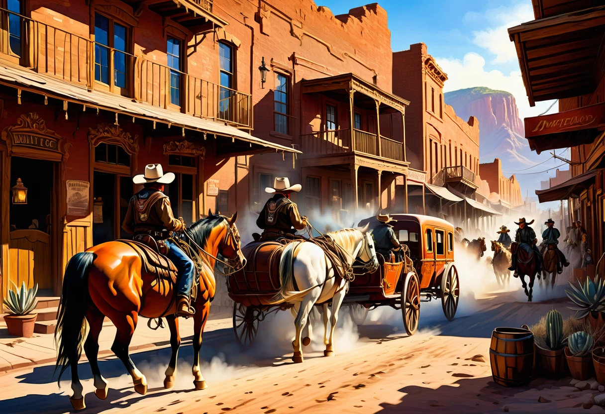 (hyper-detailed,ultra-realistic:1.2),(best quality,8k,masterpiece:1.2),old,western city in the US,people from that era,vibrant colors,vivid landscapes,sunset lighting,authentic costumes,authentic architecture,wide-angle perspective,dust particles in the air,detailed facial expressions,weathered buildings,rich textures,stunning horseback riders,hitching posts,pieces of hay,rugged cowboys,stagecoaches,distant mountains,cobblestone streets,cactus plants and tumbleweeds,wooden saloons with swinging doors,dramatic shadows and highlights,clouds of dust raised by horse hooves,action-packed scenes,historical accuracy,photorealistic portraits of main characters,intricate beadwork and embroidery on clothing,expressive eyes and facial features,strong sunlight casting long shadows,authentic weaponry,barrels of whiskey,Wanted posters on the walls,sunlit alleyways,authentic horse-drawn wagons,horse stable with horses tethered outside,spectacular sunsets over the prairie,authentic Native American presence,campfires with cowboys sitting around,tumbleweed rolling across the street,authentic Western props,cowboy hats and boots,duels and shootouts in the main square,cowboys herding cattle in the distance,vibrant red rocks and canyons in the background,authentic Western storefronts with signs hanging above,old-fashioned market with vendors selling goods,ghost town with abandoned buildings,authentic Western showdown,scenic overlook with breathtaking panoramic view,lively atmosphere with bustling streets,entertainment with live music and dancing,authentic Western bar with swinging wooden doors,authentic Western saloon with poker tables and card players,horse-drawn carriages,steam locomotive in the distance,billboards and advertisements for traveling circuses,authentic Western sheriff's office with jail cells,authentic Native American tipis on the outskirts of town,portraits of legendary outlaws hanging in the local bank,authentic Western bank robbery scene,cowboy hats casting shadows on 