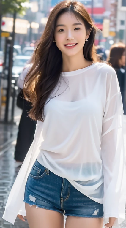 ((best qualtiy, 8k, tmasterpiece:1.3)), Focus:1.2, perfect figure beautiful woman:1.4, Cocked buttocks:1.2, ((long whitr hair)), (wetclothes:1.1) , (Rain, Street:1.3), pink tube top:1.1, Highly detailed facial and skin texture, Cocked buttocks，Whiten skin，smile，underdressing