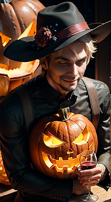 Pumpkin Demon Scarecrow, pessoas do sexo masculino, holding a glass of wine, Jack O'Lantern 飾演 The Head, canudo, noite, Clima de outono, Escuro, repugnante, milharal, campo em chamas, chuva, The demons, olhos vermelhos brilhantes, Horror, apavorante, Pumpkin head, Careca, copo de vinho