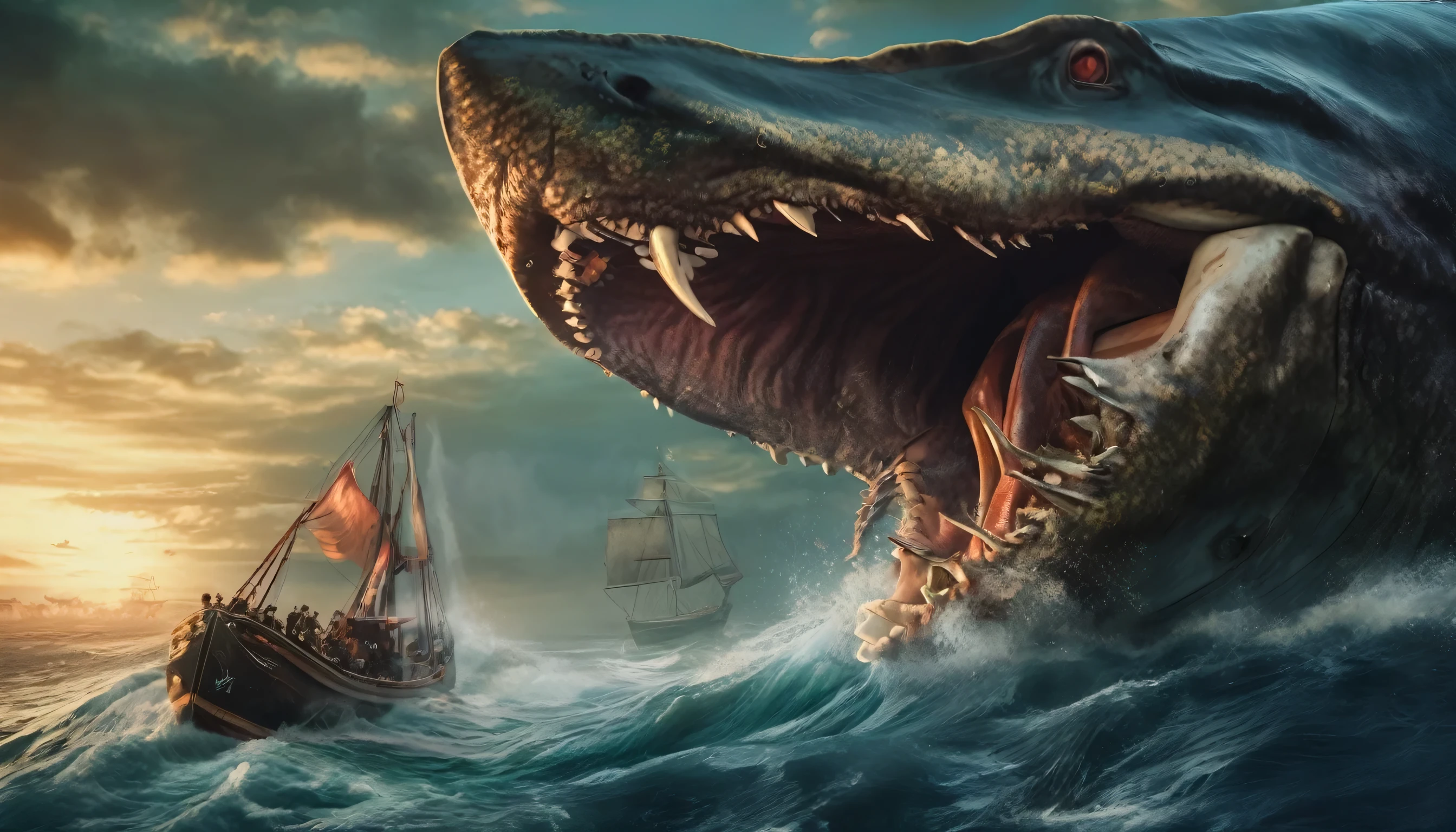 Foto realista , 16k, de um kraken brigando com um Megalodon, com muitos detalhes, sensacional
