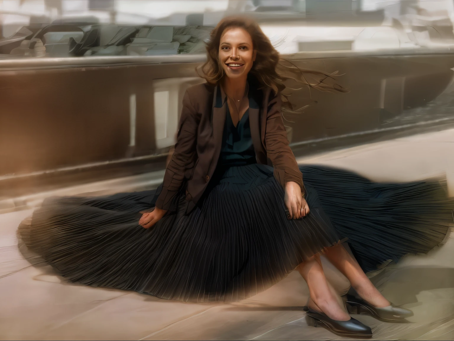 (authentic:1,1) (shy:0,9) (smiling:0,4) woman wearing (long (pleated) full circle skirt) and (low heeled office shoes), very intricate hyper-detailed symmetric (attractive graceful feminine face) with (sad, tired eyes and shy smiles), large breasts, full of empathy and compassion and love, (pronounced (feminine) features), (highly detailed ultra accurate realistic) hands and fingers, (windy conditions and wind blowing), epic composition, highly detailed attributes, highly detailed space station background, extremely high quality RAW photograph, high-angle shot, cinematic shot, dynamic lighting, 75mm, Technicolor, Panavision, cinemascope, sharp focus, fine details, 8k, HDR, realism, realistic, key visual, film still, superb cinematic color grading, depth of field