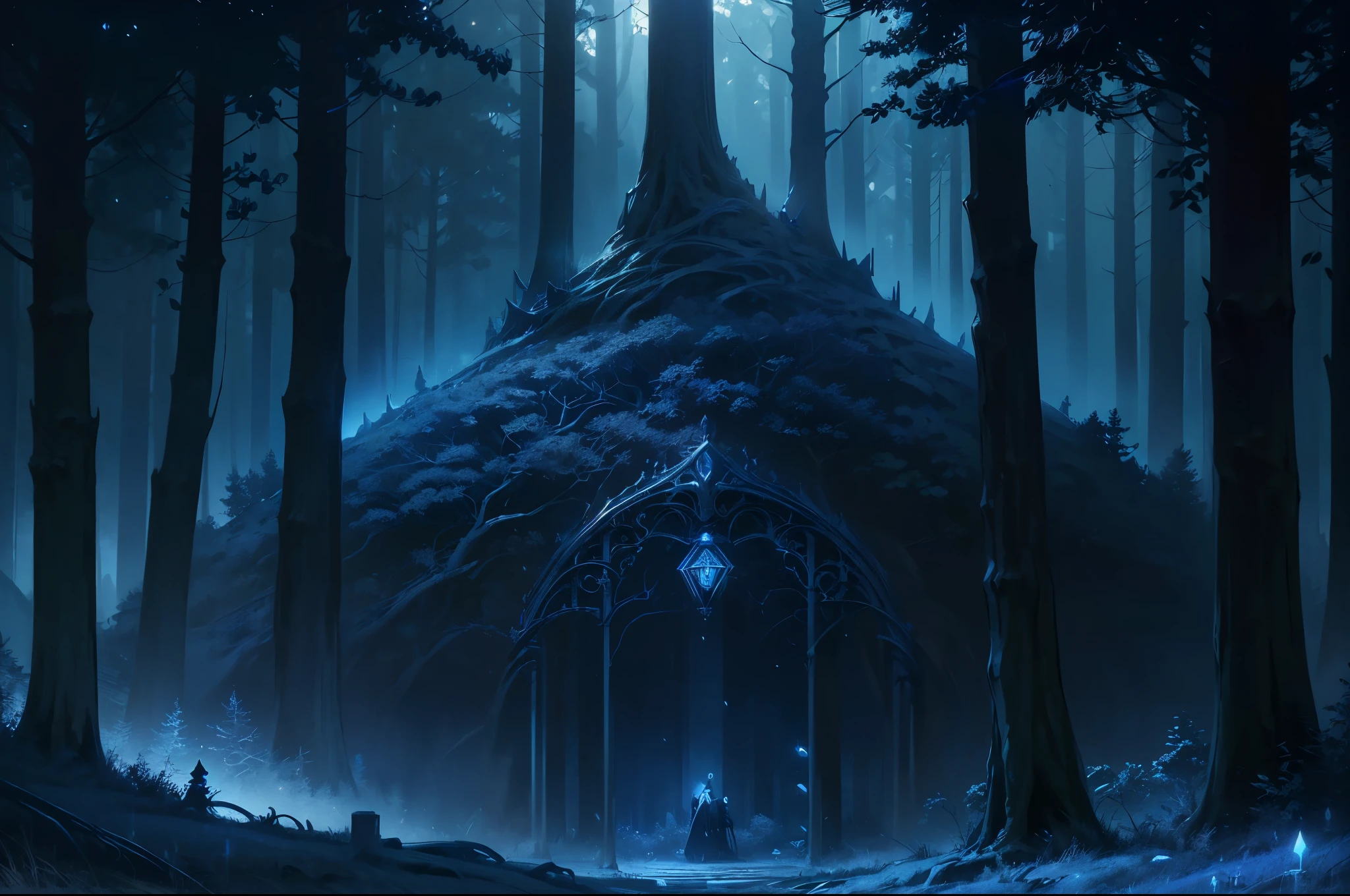 (masterpiece, realistic, best quality, (beautiful and aesthetic:1.4), extremely detailed), (dark blue theme:1.3), An image of a mysterious and enchanting forest illuminated by the moonlight, with magical energy swirling among the trees, glowing obelisk behind trees, (elegant, intricate, digital photography, high quality, CG, 4k, extremely detailed, sharp, HDR),