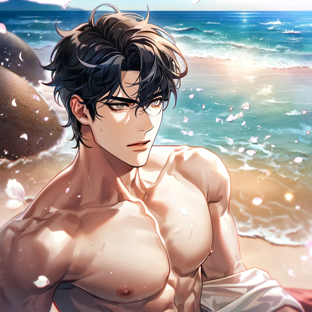 masterpiece,best quality,high quality,extremely detailed,(1male austere handsome adult age 30 years old solo:1.5),(purple eyes, cool with suspended eyes), (8.5 head tall and 185cm tall with strong and fearless body,(well-groomed black short hair to neck:1.4), (bangs parted in thirds:1.4), (naked upper body with pectoral and rectus abdominis muscles:1.3), slender nose, facial muscles, (swimsuit:1.3), (hand on neck:1.3), (stylish pose), (scowl:1.3), (ocean beach:1.3), (Night Sky :1.3), (full body:1.3)