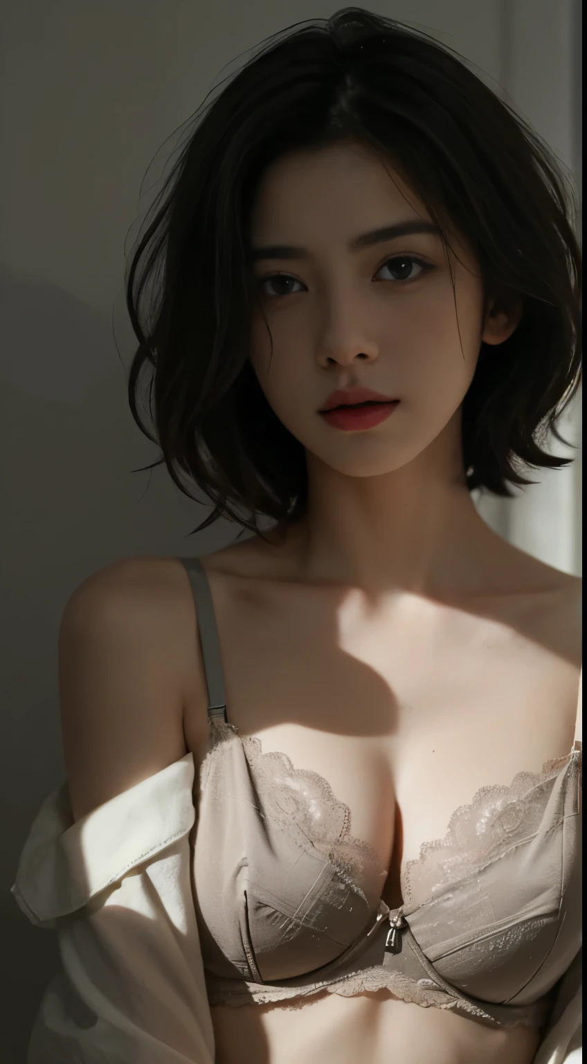 Best quality, masterpiece, ultra high res, (photorealistic:1.5), raw photo, 1girl,, in the dark, deep shadow, low key, cold light, sexy look, short hair, smooth , sexy, silk bra , leaf shadow, seamless bra