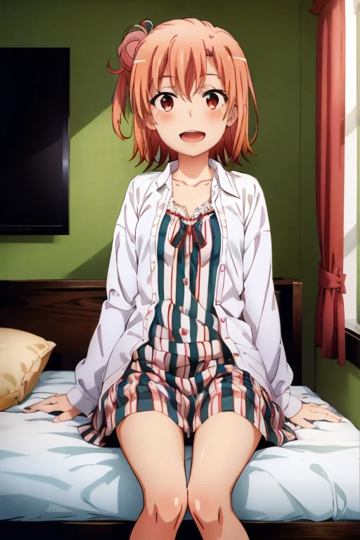 ((highest quality)), ((masterpiece)), (be familiar with), Perfect Face, indoor, Bedroom, Watching the audience,
One woman, Yuigahama Yui,
Open Mouth, Ecstatic expression, blush, smile,
Small breasts, Flat Chest, Young Girl, , , Girl,
Short Hair, Salmon-colored hair, Salmon-colored eyes, Side Pony,
Leg spread,