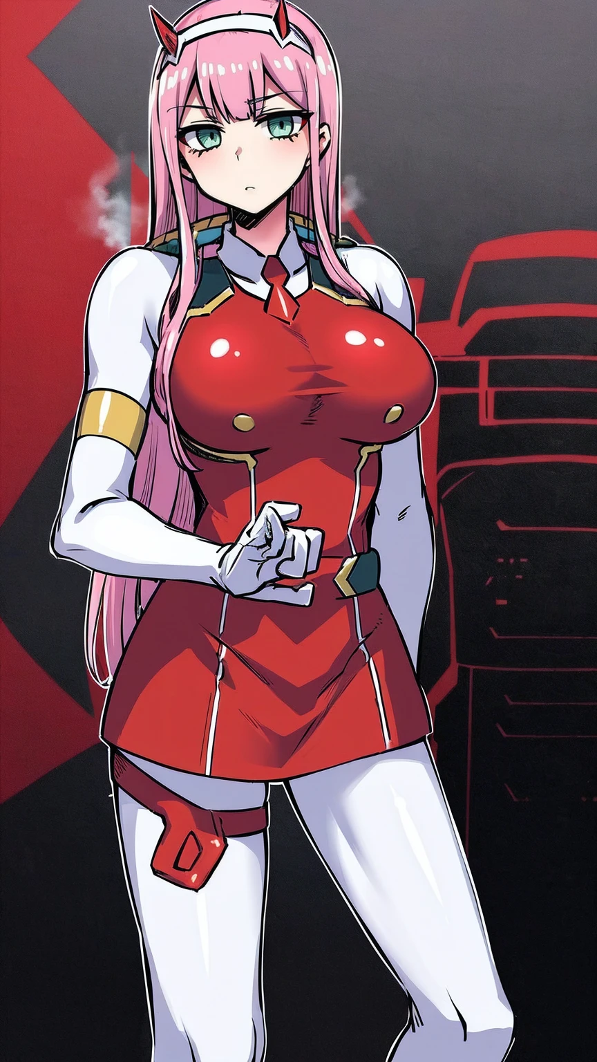 zerotwo horns, hairband, necktie, red dress, pantyhose horns, hairband, red bodysuit, armlet, mecha horns, hairband, white bodysuit, white gloves, mecha peaked cap, red dress, white gloves, jacket on shoulders, pantyhose, cyber_armor body_suit,huge_breast, tall female