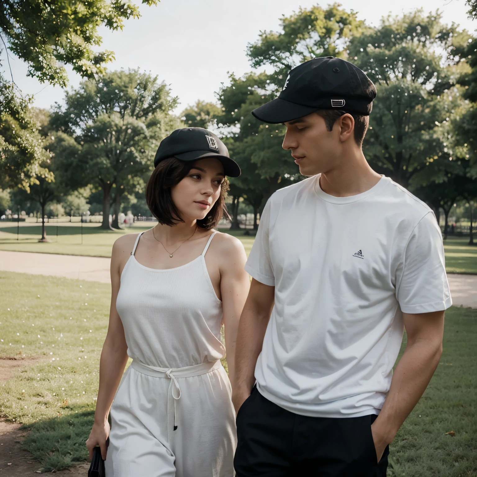 Couple facing the park, a light brunette man with a cap on his head next to a white woman with short black hair