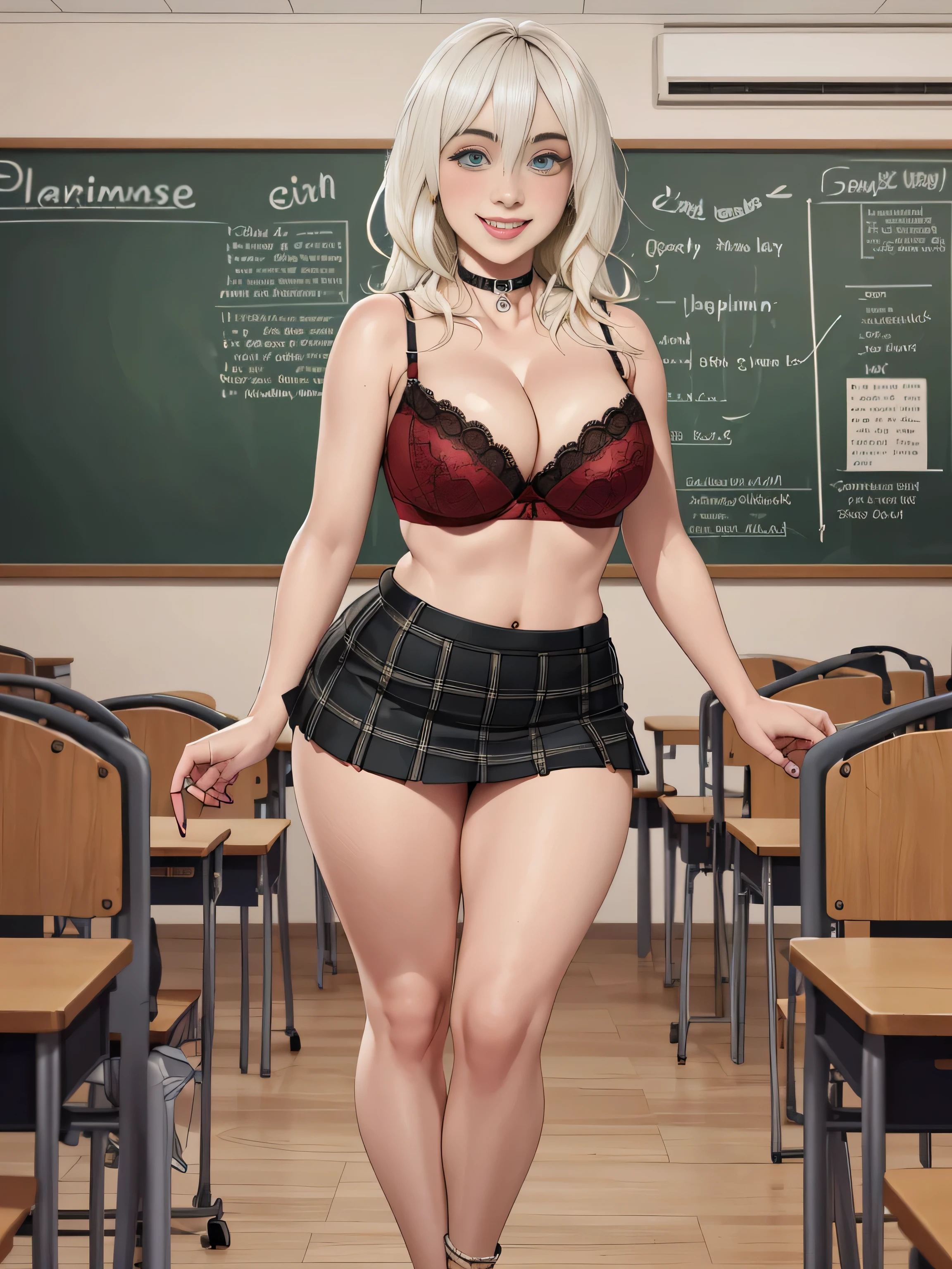 Billie Eilish, masterpiece quality, (masterpiece quality:1.3), high res, realistic, lots of detail, alone, 1girl, (1girl:1.9), solo, in a college classroom, in a classroom, college students in background, chalkboard in background, long hair, platinum hair, (platinum hair:1.5), wearing college uniform, wearing choker collar, wearing black lace bra, wearing red plaid skirt, (miniskirt:1.5), bare legs, (bare legs:1.5), thin body, small breasts, (average breasts:1.3), lots of cleavage, smiling (smiling face:1.5),