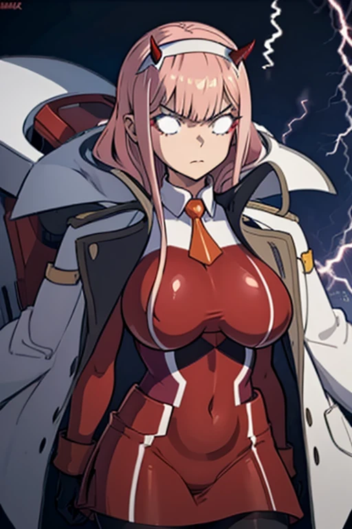 masterpiece, best quality, IncrsLowTier, electricity, glowing eyes zerotwo horns, hairband, necktie, red dress, pantyhose horns, hairband, red bodysuit, armlet, mecha horns, hairband, white bodysuit, white gloves, mecha peaked cap, red dress, white gloves, jacket on shoulders, pantyhose, cyber_armor body_suit,huge_breast, tall female, fulll body, sun light