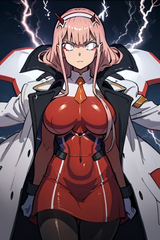 masterpiece, best quality,  IncrsLowTier, electricity, glowing eyes  zerotwo horns, hairband, necktie, red dress, pantyhose horns, hairband, red bodysuit, armlet, mecha horns, hairband, white bodysuit, white gloves, mecha peaked cap, red dress, white gloves, jacket on shoulders, pantyhose, cyber_armor body_suit,huge_breast, tall female, fulll body, sun light