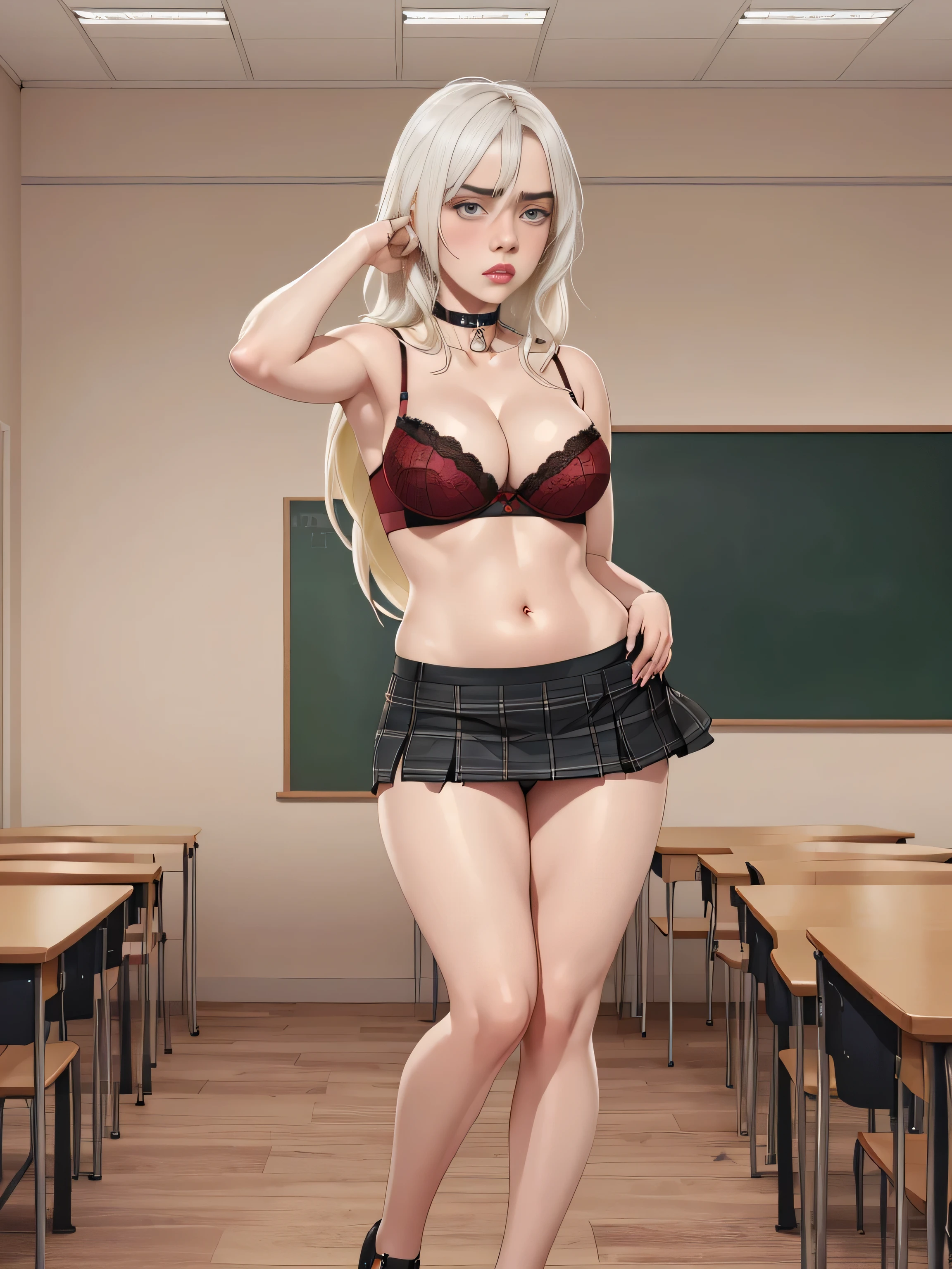 Billie Eilish, masterpiece quality, (masterpiece quality:1.3), high res, realistic, lots of detail, alone, 1girl, (1girl:1.9), solo, in a college classroom, in a classroom, college students in background, chalkboard in background, long hair, platinum hair, (platinum hair:1.5), wearing college uniform, wearing choker collar, wearing black lace bra, wearing red plaid skirt, (miniskirt:1.5), bare legs, (bare legs:1.5), thin body, small breasts, (average breasts:1.3), lots of cleavage, worried, (worried face:1.5),
