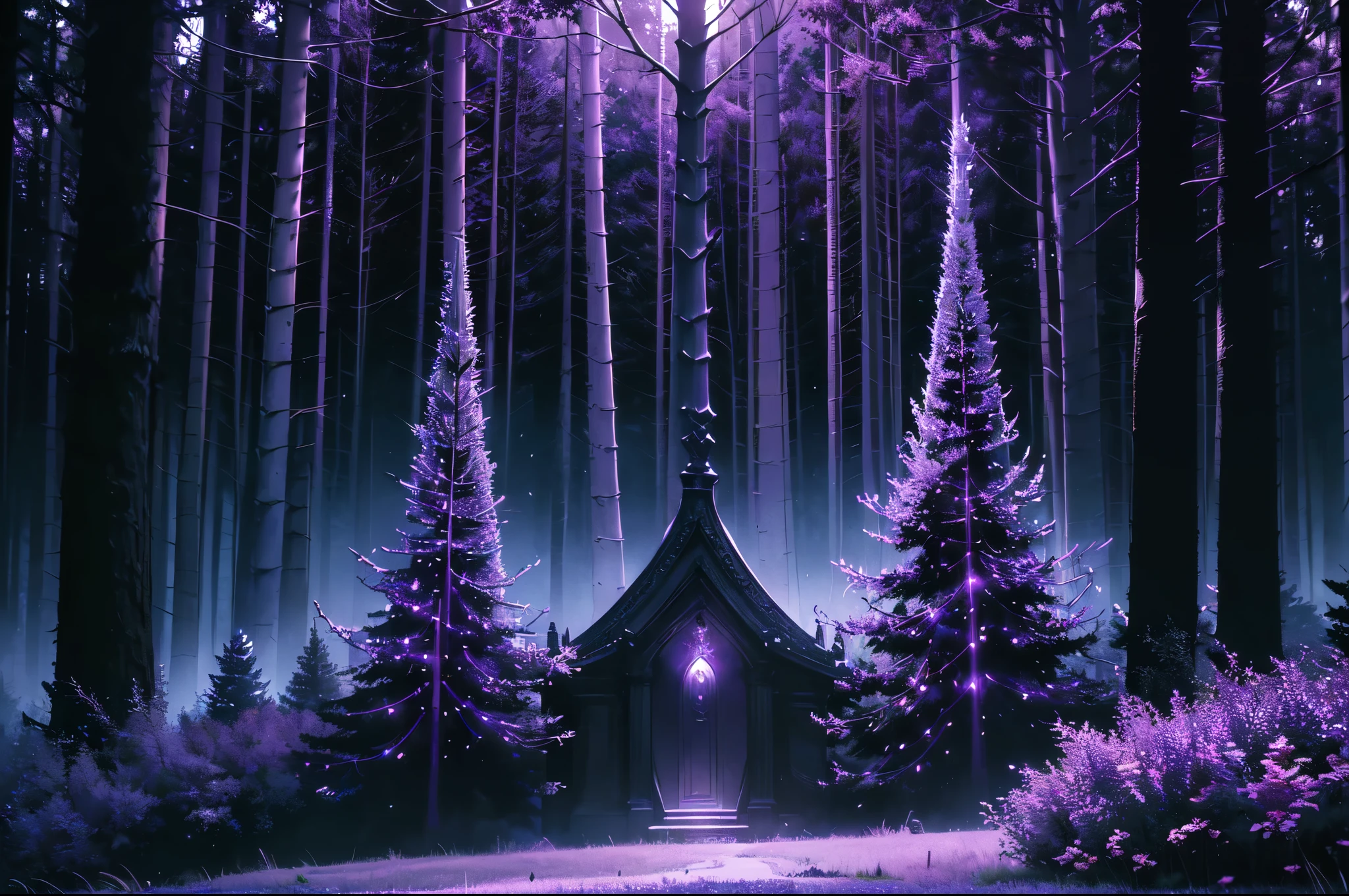 (masterpiece, realistic, best quality, (beautiful and aesthetic:1.4), extremely detailed), (dark purple theme:1.3), An image of a mysterious and enchanting forest illuminated by the moonlight, with magical energy swirling among the trees, glowing obelisk behind trees, (elegant, intricate, digital photography, high quality, CG, 4k, extremely detailed, sharp, HDR),