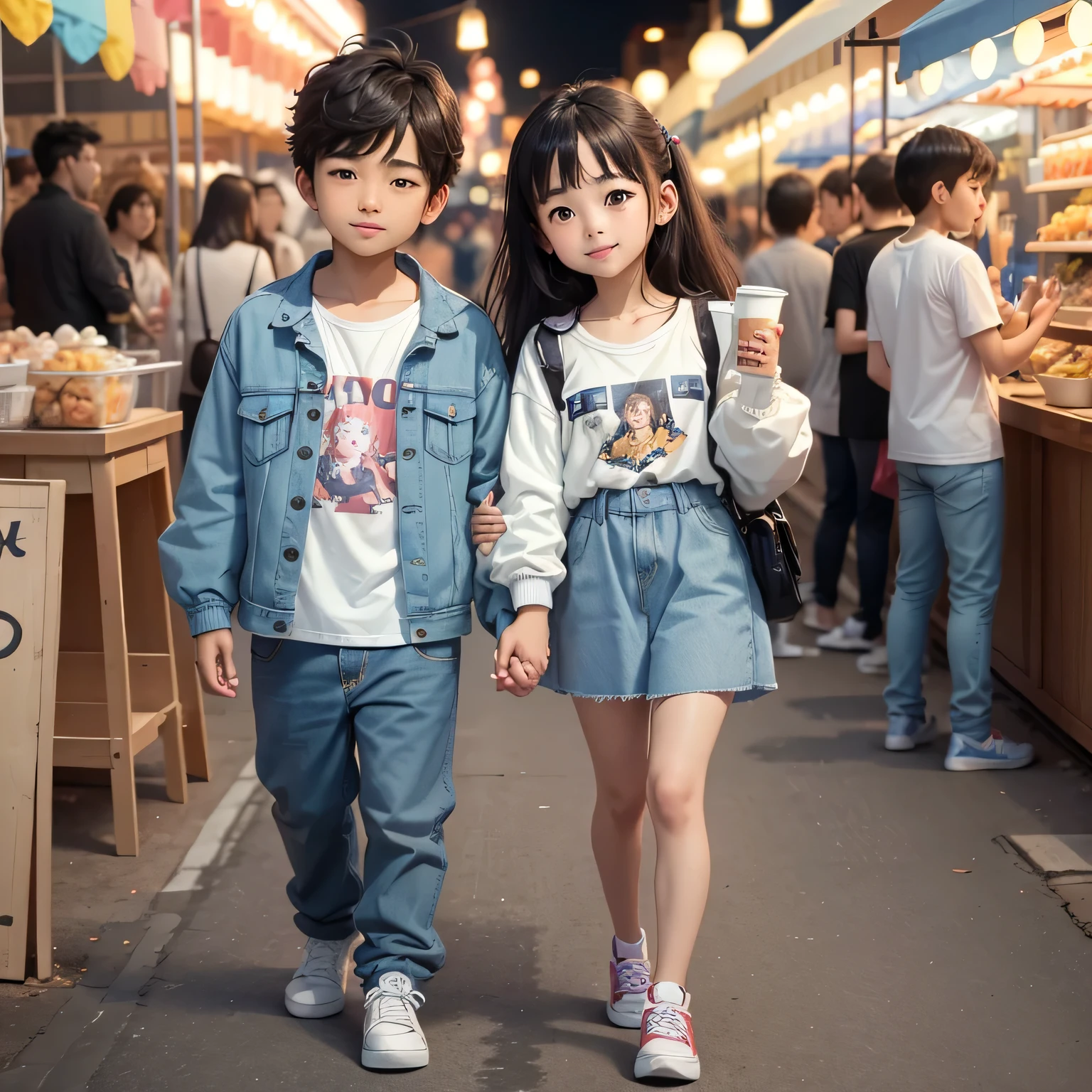 masterpiece、top-quality、8k, ultra-details、(cute character couple with big brown eyes)、a boy and a girl、boy took girl's hand、boy wears white shirt and denim jacket, girl drinking in a plastic cup, Matching jeans, matching sneakers, Smiling and looking at viewer、Full-body standing figure、The background is a beatiful night market