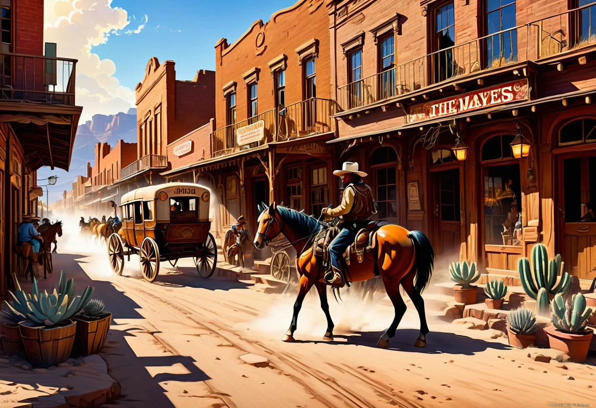 (hyper-detailed,ultra-realistic:1.2),(best quality,8k,masterpiece:1.2),old,western city in the US,people from that era,vibrant colors,vivid landscapes,sunset lighting,authentic costumes,authentic architecture,wide-angle perspective,dust particles in the air,detailed facial expressions,weathered buildings,rich textures,stunning horseback riders,hitching posts,pieces of hay,rugged cowboys,stagecoaches,distant mountains,cobblestone streets,cactus plants and tumbleweeds,wooden saloons with swinging doors,dramatic shadows and highlights,clouds of dust raised by horse hooves,action-packed scenes,historical accuracy,photorealistic portraits of main characters,intricate beadwork and embroidery on clothing,expressive eyes and facial features,strong sunlight casting long shadows,authentic weaponry,barrels of whiskey,Wanted posters on the walls,sunlit alleyways,authentic horse-drawn wagons,horse stable with horses tethered outside,spectacular sunsets over the prairie,authentic Native American presence,campfires with cowboys sitting around,tumbleweed rolling across the street,authentic Western props,cowboy hats and boots,duels and shootouts in the main square,cowboys herding cattle in the distance,vibrant red rocks and canyons in the background,authentic Western storefronts with signs hanging above,old-fashioned market with vendors selling goods,ghost town with abandoned buildings,authentic Western showdown,scenic overlook with breathtaking panoramic view,lively atmosphere with bustling streets,entertainment with live music and dancing,authentic Western bar with swinging wooden doors,authentic Western saloon with poker tables and card players,horse-drawn carriages,steam locomotive in the distance,billboards and advertisements for traveling circuses,authentic Western sheriff's office with jail cells,authentic Native American tipis on the outskirts of town,portraits of legendary outlaws hanging in the local bank,authentic Western bank robbery scene,cowboy hats casting shadows on 