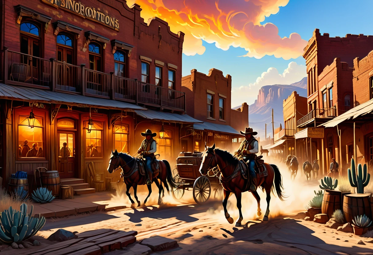 (hyper-detailed,ultra-realistic:1.2),(best quality,8k,masterpiece:1.2),old,western city in the US,people from that era,vibrant colors,vivid landscapes,sunset lighting,authentic costumes,authentic architecture,wide-angle perspective,dust particles in the air,detailed facial expressions,weathered buildings,rich textures,stunning horseback riders,hitching posts,pieces of hay,rugged cowboys,stagecoaches,distant mountains,cobblestone streets,cactus plants and tumbleweeds,wooden saloons with swinging doors,dramatic shadows and highlights,clouds of dust raised by horse hooves,action-packed scenes,historical accuracy,photorealistic portraits of main characters,intricate beadwork and embroidery on clothing,expressive eyes and facial features,strong sunlight casting long shadows,authentic weaponry,barrels of whiskey,Wanted posters on the walls,sunlit alleyways,authentic horse-drawn wagons,horse stable with horses tethered outside,spectacular sunsets over the prairie,authentic Native American presence,campfires with cowboys sitting around,tumbleweed rolling across the street,authentic Western props,cowboy hats and boots,duels and shootouts in the main square,cowboys herding cattle in the distance,vibrant red rocks and canyons in the background,authentic Western storefronts with signs hanging above,old-fashioned market with vendors selling goods,ghost town with abandoned buildings,authentic Western showdown,scenic overlook with breathtaking panoramic view,lively atmosphere with bustling streets,entertainment with live music and dancing,authentic Western bar with swinging wooden doors,authentic Western saloon with poker tables and card players,horse-drawn carriages,steam locomotive in the distance,billboards and advertisements for traveling circuses,authentic Western sheriff's office with jail cells,authentic Native American tipis on the outskirts of town,portraits of legendary outlaws hanging in the local bank,authentic Western bank robbery scene,cowboy hats casting shadows on 