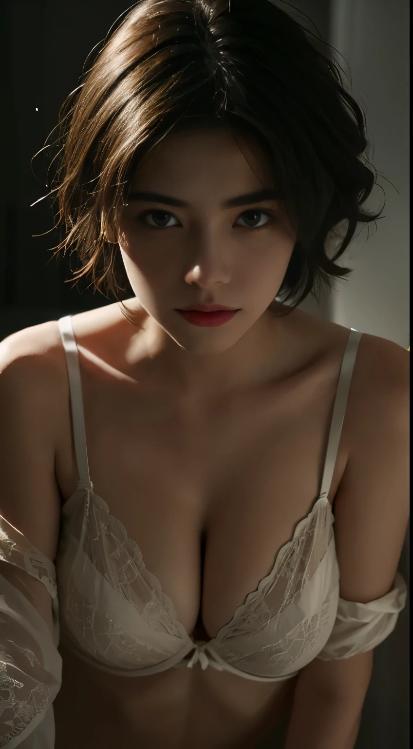Best quality, masterpiece, ultra high res, (photorealistic:1.5), raw photo, 1girl, offshoulder, in the dark, deep shadow, low key, cold light, sexy look, short hair, bra strap, red
