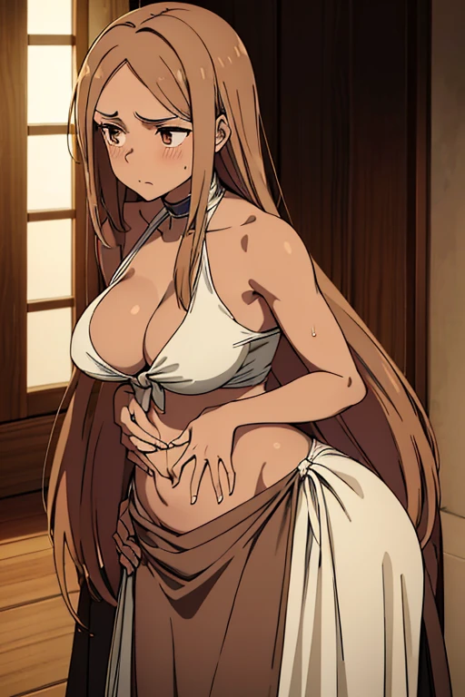 ((best quality)), ((masterpiece)), (detailed), perfect face, brown skin anime woman in a deep V Neck tied top, (bare shoulders), (long skirt), famished in hunger, (gently resting hands on stomach), (long hair), (hands on her stomach), (slim woman), (fit woman), (healthy woman), (embarrassed expression), (sweaty)