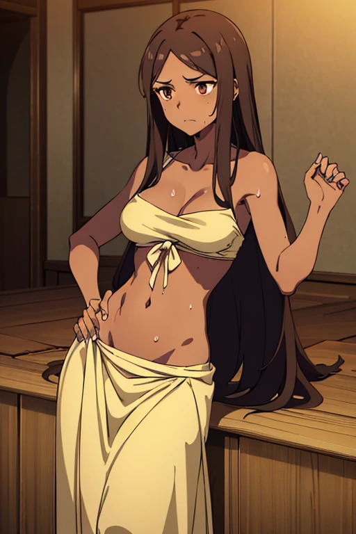 ((best quality)), ((masterpiece)), (detailed), perfect face, brown skin anime woman in a deep V Neck tied top, (bare shoulders), (long skirt), famished in hunger, (gently resting hands on stomach), (long hair), (hands on her stomach), (slim woman), (fit woman), (healthy woman), (embarrassed expression), (sweaty)