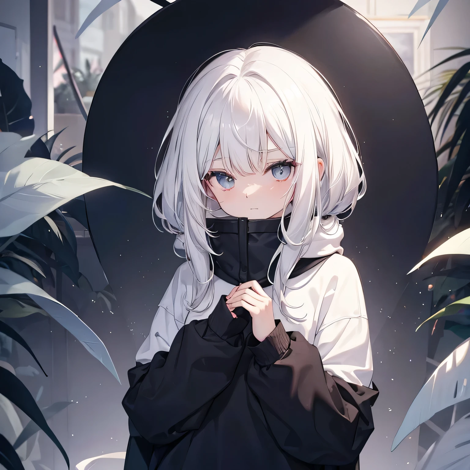 White hair，Black sweatshirt，Black Silk