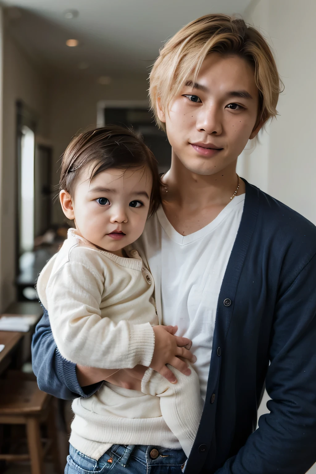 Korean man with blond hair wearing white cardigan and jeans holding a Korean baby boy wearing a dark blue outfit with blond hair