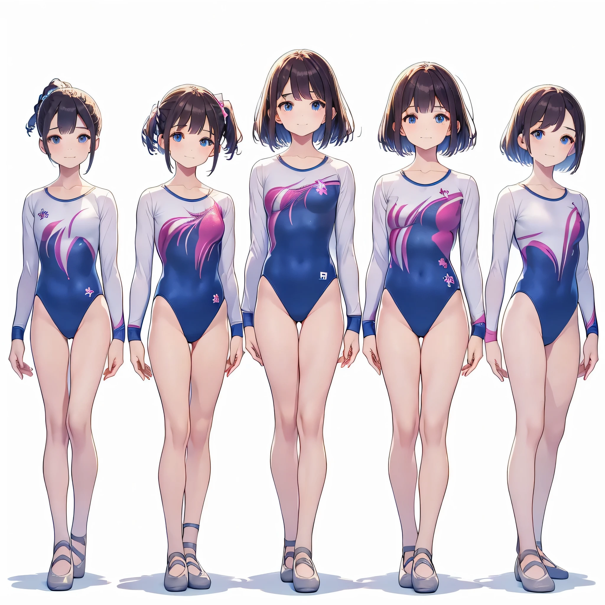 Gymnastics club,(4 girls:1.3),(long sleeves leotard:1.3),full body, bob cuts hair, long hair, (over ************, under 19 years old:1.2), ballet shoes, white background