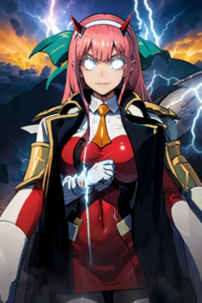 masterpiece, best quality, IncrsLowTier, electricity, glowing eyes zerotwo horns, hairband, necktie, red dress, pantyhose horns, hairband, red bodysuit, armlet, mecha horns, hairband, white bodysuit, white gloves, mecha peaked cap, red dress, white gloves, jacket on shoulders, pantyhose, cyber_armor body_suit,huge_breast, tall female, fulll body, sun light, smile,