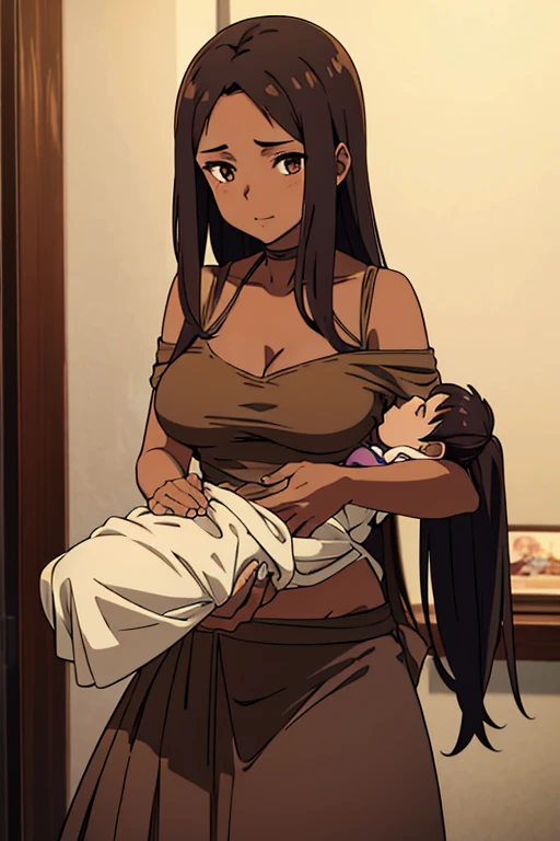 ((best quality)), ((masterpiece)), (detailed), perfect face, brown skin anime woman in a deep V Neck tied top, (bare shoulders), (long skirt), holding her  against her chest