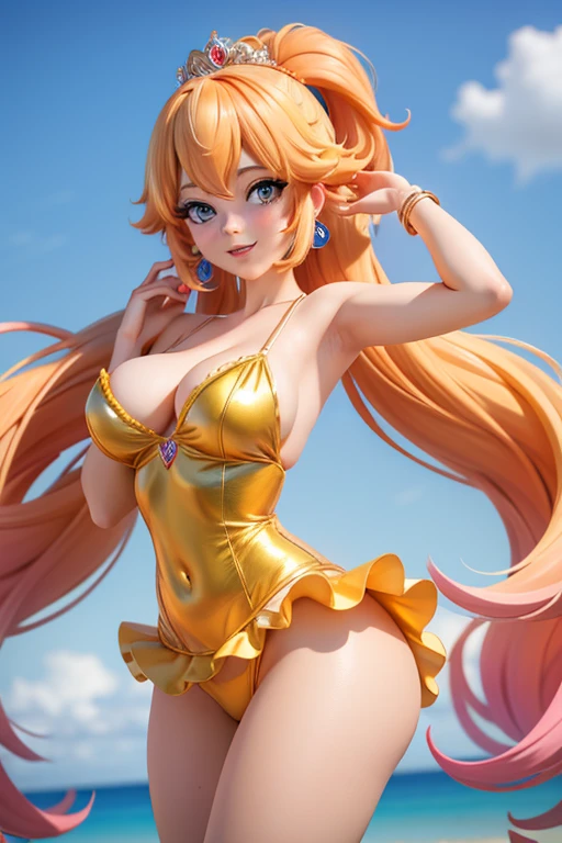 Une femme, 25 ans, UHD, 8k, masterpiece, mangas, cheveux longs, cheveux multicolores, details, princess peach