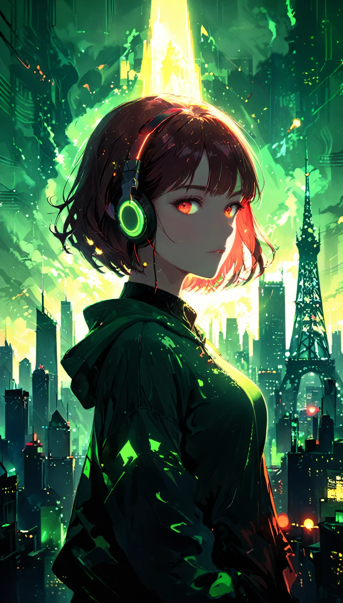 (artist by Florence Broadhurst:1.2),1girl,bob cut,hoodie,headphones,silhouette,
(skyline:1.3),(cityscape:1.4),a big iron tower,Standing at the top of the tower,solo,green theme,low saturation,silhouette,(Background with rich lines:1.8),abstract background,detail glow red eyes,(looking the view:1.5),Girl with red eyes,(Dark atmosphere,shadow,Silhouette,Minimalist style,dark,Very strong darkness:0.5),glowneon,cowboy_shot,