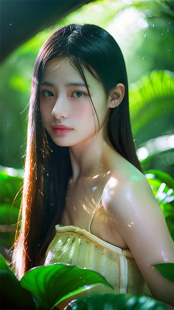 (top-quality、​masterpiece:1.2)、(Photorealsitic:1.2)、femele、Skin texture、Thin hair growth、Mare、Wet hair、Mysterious lighting、Tropical rainforest