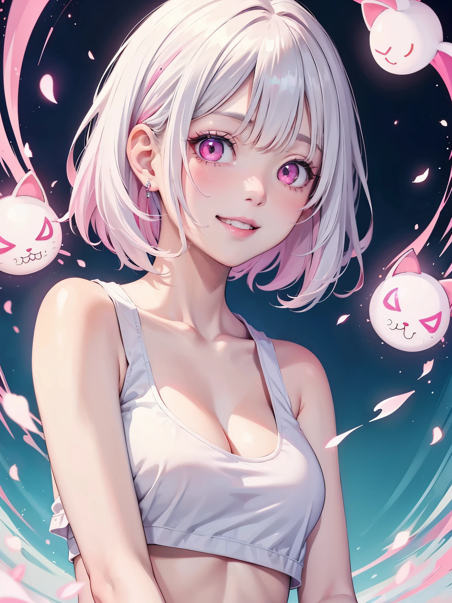 White hair. Short hair. Inner pink hair. Anime girl. Asian girl. Ulzzang. Pink eyes. Glowing eyes. Smiling. Tanktop. Armpit. Nekomimi.