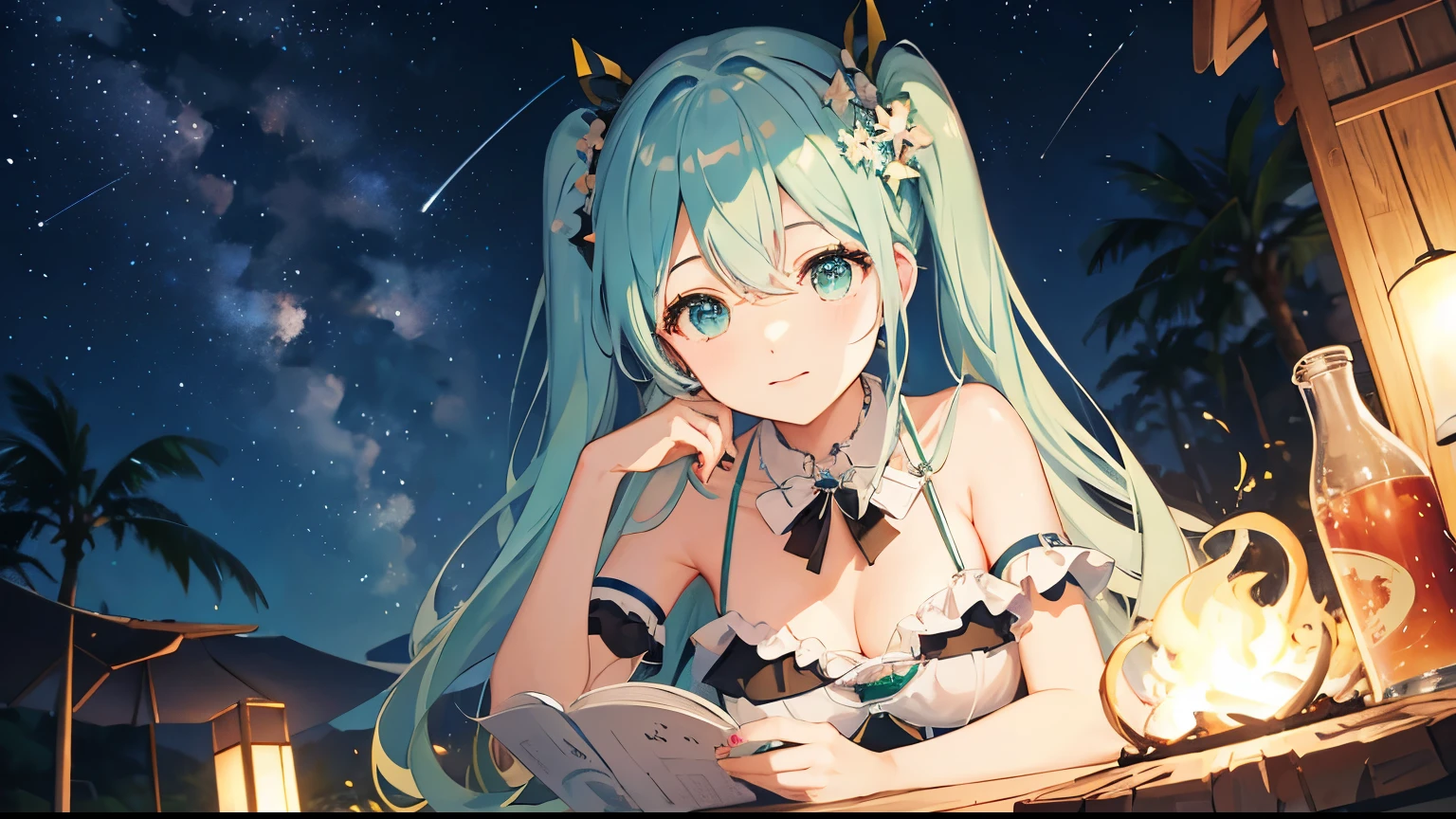 Under the beautiful starry sky、Reading by the campfire、Hatsune Miku in a bikini。4K