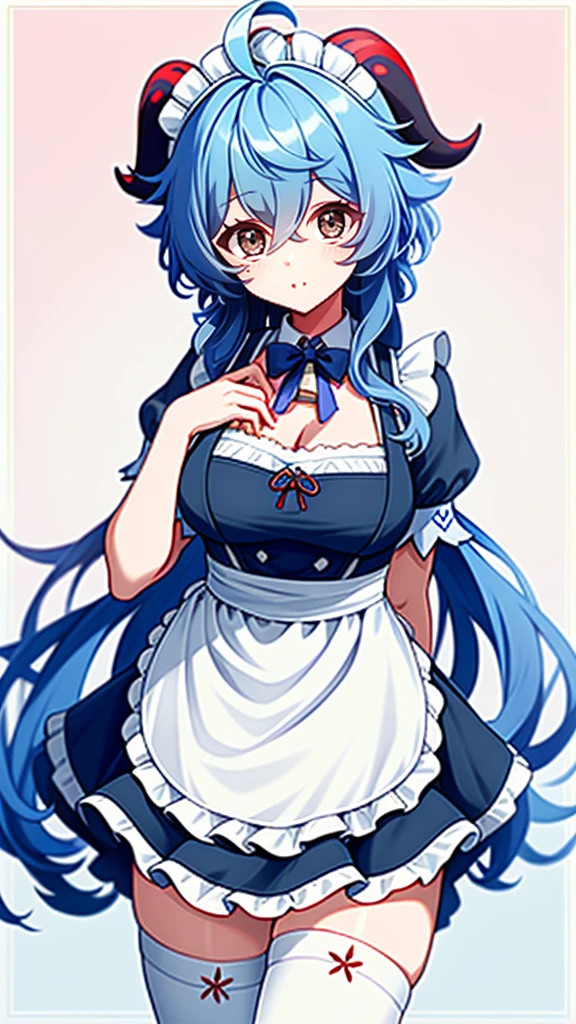 1 girl, solo, Ganyu (Genshin), breasts, horns, maid, long hair, thigh-high socks, blue hair, ahoge, looking at viewer, white stockings, holding, blush, maid headdress, apron, alternative costume, frills, cleavage, enmaid, bangs, dress, short sleeves, absolute area, black dress, purple eyes, medium breasts, goat horns, frilly dress, very long hair, standing Puffy sleeves, closed mouth, apron, side locks, white apron, cowboy shot, puffy short sleeves, red eyes, frilly apron, hair between the eyes, (colorful cloud background blur)1.2, fluffy, soft , ((highest quality)), ( Extremely detailed, Best details, Official Art, Beauty and aesthetics: 1.2), Depth of written border, composition, Blue stripe tank top,denim shorts,