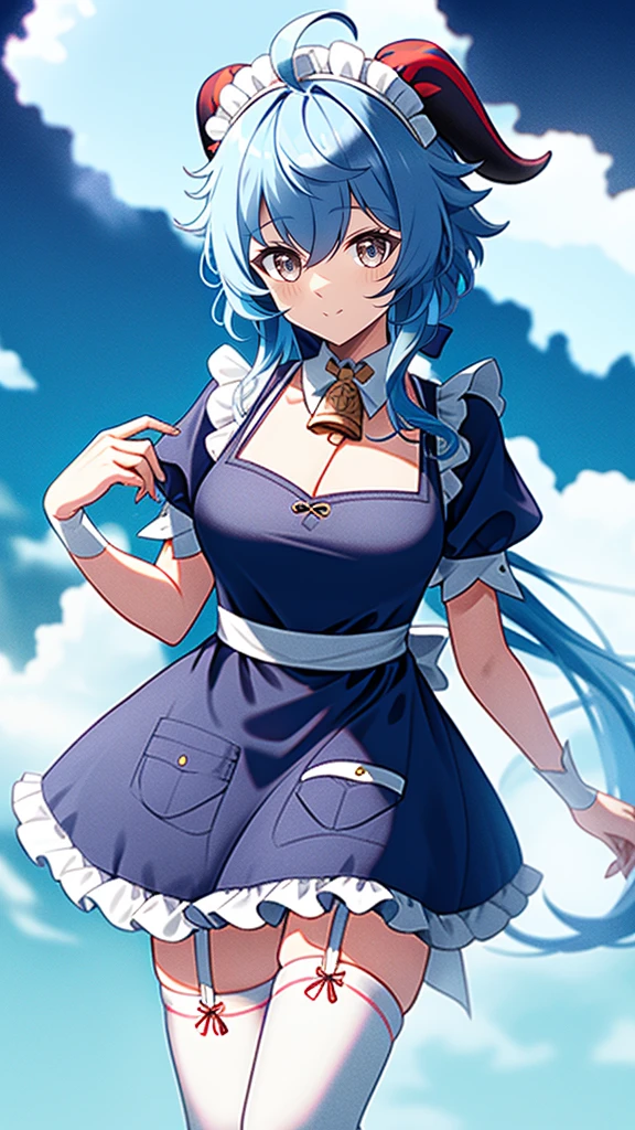 1 girl, solo, Ganyu (Genshin), breasts, horns, maid, long hair, thigh-high socks, blue hair, ahoge, looking at viewer, white stockings, holding, blush, maid headdress, apron, alternative costume, frills, cleavage, enmaid, bangs, dress, short sleeves, absolute area, black dress, purple eyes, medium breasts, goat horns, frilly dress, very long hair, standing Puffy sleeves, closed mouth, apron, side locks, white apron, cowboy shot, puffy short sleeves, red eyes, frilly apron, hair between the eyes, (colorful cloud background blur)1.2, fluffy, soft , ((highest quality)), ( Extremely detailed, Best details, Official Art, Beauty and aesthetics: 1.2), Depth of written border, composition, Blue stripe tank top,denim shorts,