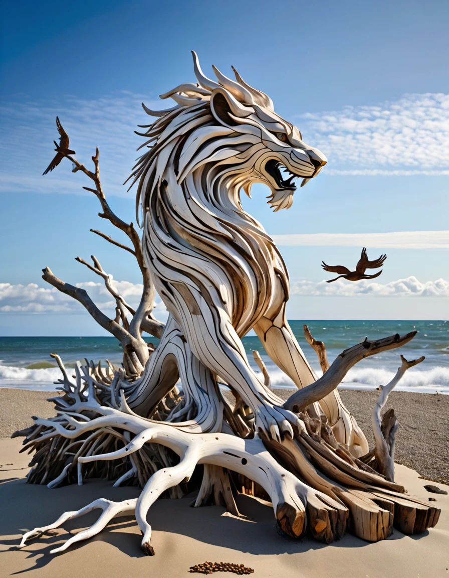 (drift wood washes up on the shore, all the tiny parts of drift wood form together to create a perfect shape of a Driftwood Dragon on the shore), abstract, 3d render, strong, insanely intricate details, (masterpiece), (view from below), natures art work, UHD, <lora:Driftwood_Detailed_Art_-_By_DICE:0.5> driftwood dragon face