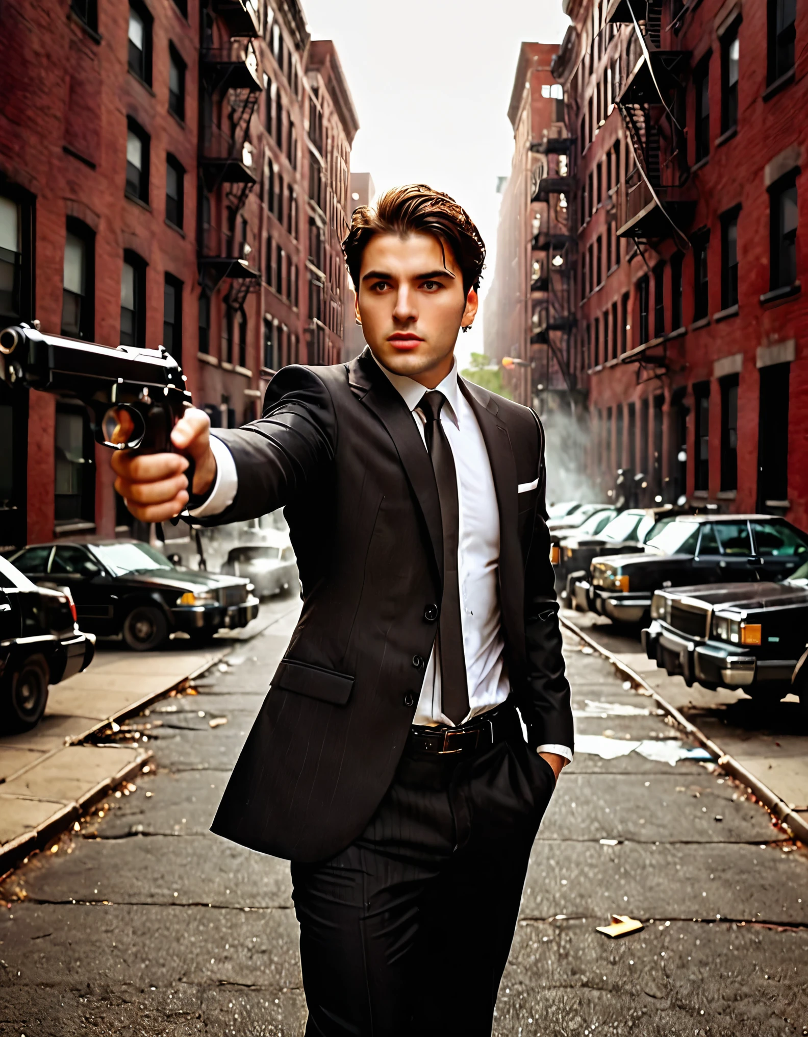 (best illumination, high contrast, sharp details), (a person:1.2+male) mobster, black suit and tie, white shirt, black slacks, black polished shoes, standing, dynamic action pose, holding dual pistols, Beretta 92FS, muzzle flash, shell casings, gunsmoke, bullet holes, aiming at viewer, black hair, brown hair, short hair, groomed hair, age 28, intense action, brooklyn, high-end apartment backdrop, vivid colors, high saturation, dramatic shadows.