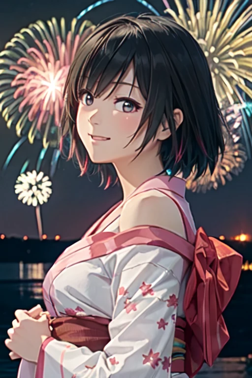 masterpiece, best quality, ultra detailed, highres, extremely detailed CG unity 8k wallpaper, perfect lighting,  very detailed background, beautiful and aesthetic,sharp focus, perfect face, dynamic pose, dynamic angle,
1girl, upper body, (portrait:1.1), multicolored yukata, kanzashi, looking at viewer,  full-face blush, from side, from below, smile,
night, dark sky, misty lake, mountainous horizon, break,aerial fireworks,  (Full of sky fireworks:1.2),
、Shoulder Bare、(Off the shoulder)、(Holding a handheld firework:1.2)、(middle  Breasts:1.0)、
utadahikaru