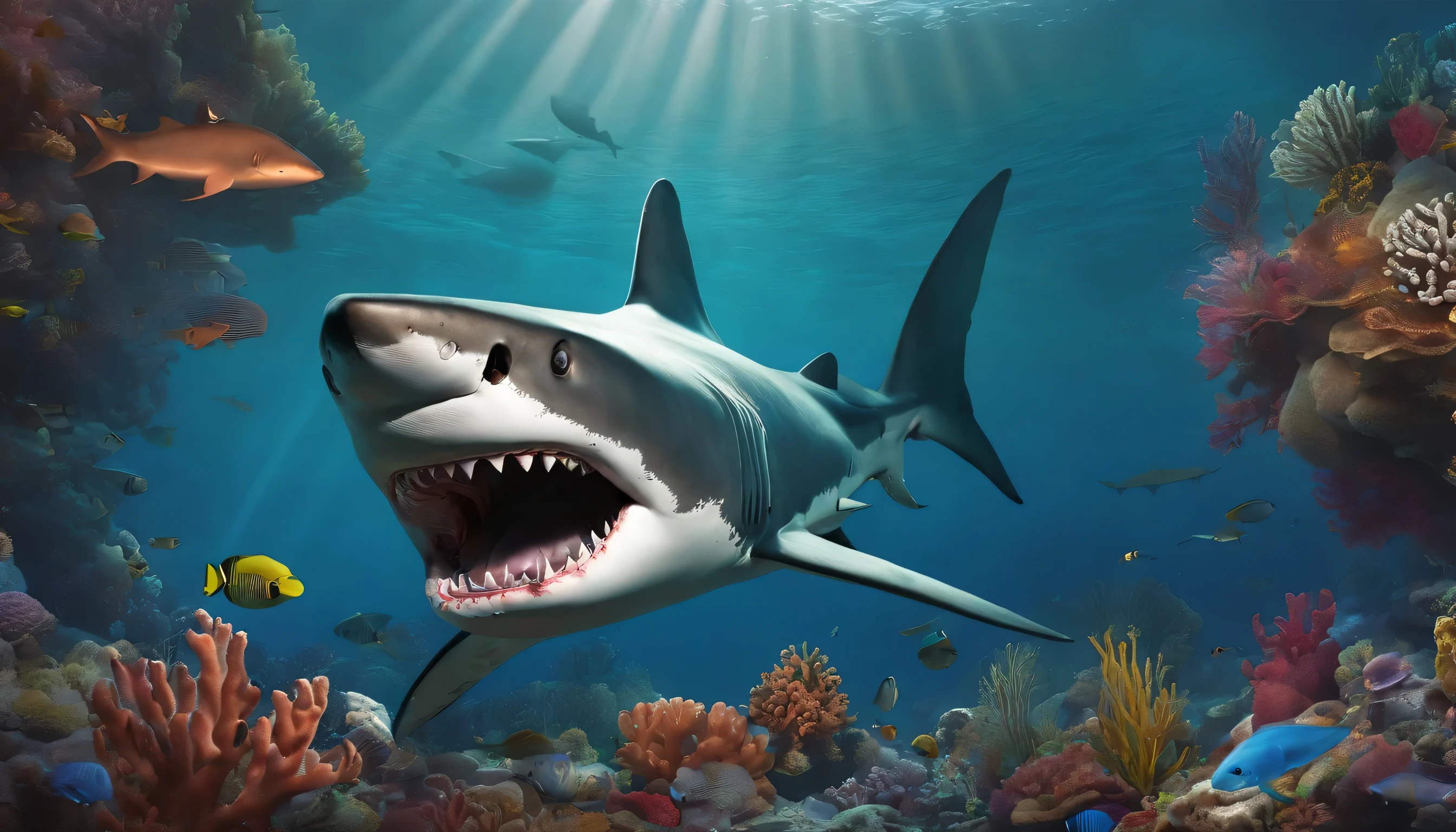 shark, holding, fin, toothbrush, coral reef, shipwreck colorful, drawing
--ar 16:9 --up beta --s 750