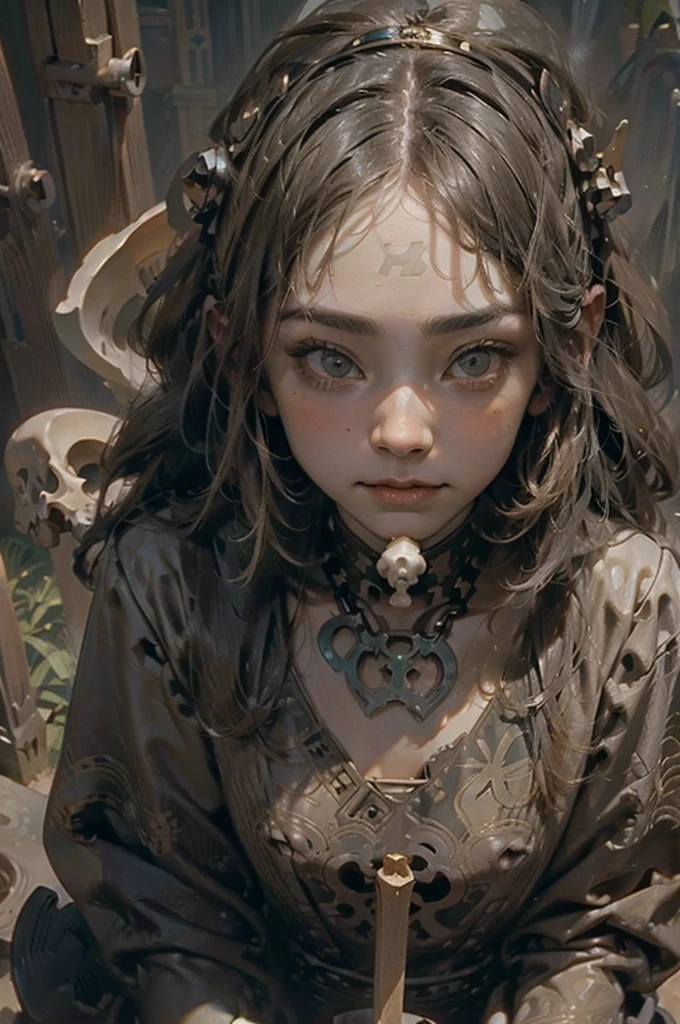 highest quality, High resolution, woman , At the Cemetery, blonde、Bob Hair, (Alphonse Mucha:1.10),、antique、Horror taste、Bone, Bone,((Alphonse Mucha))
