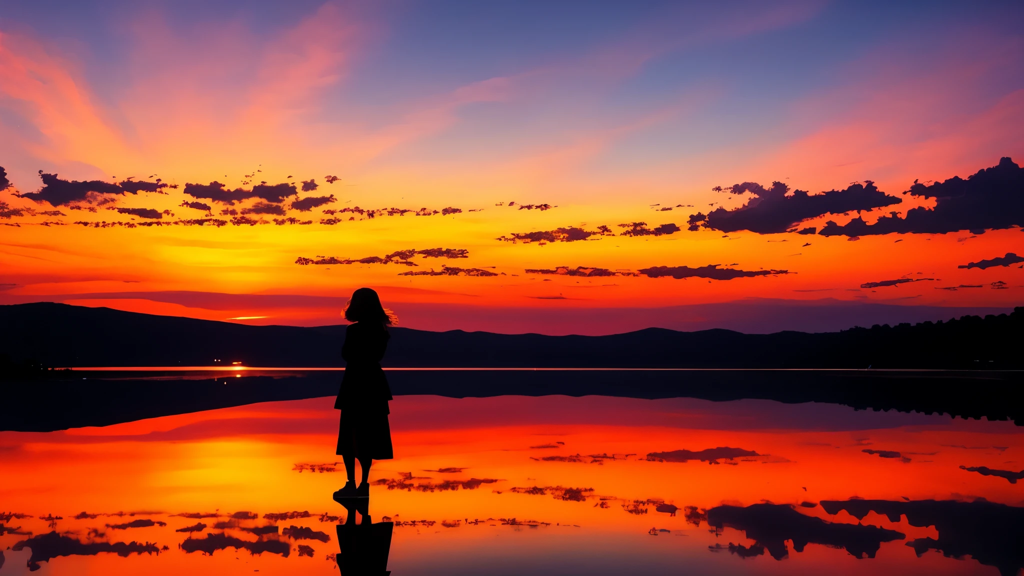 there is a beautiful sunset with a lake and a person in the background, colorful skies, Cores surreais, colorful sunset, colored sky, marvellous reflection of the sky, stunning sky, sonho como atmosfera 8k, nuvens na cor verde azulado, cores refletidas no lago, surreal sky, reflexos verdes e azuis, fire reflection, beautiful sky, beautiful and spectacular twilight, bela paisagem sonhadora, incredible sky, unrecognizable people, people with dark black lighting in an identifiable manner.