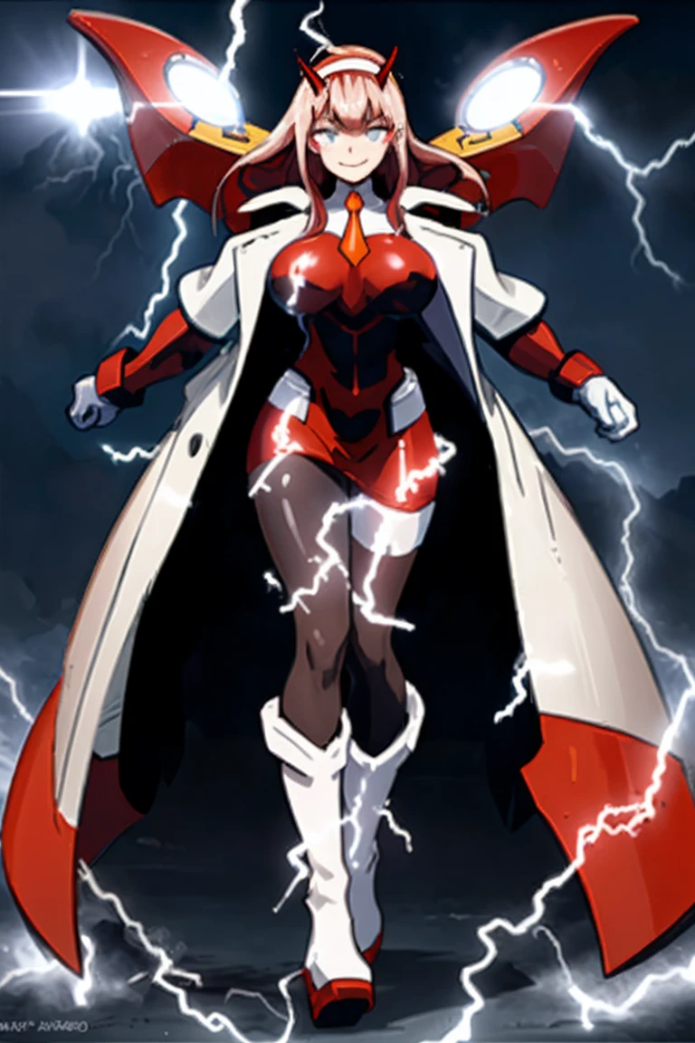 masterpiece, best quality, IncrsLowTier, electricity, glowing eyes zerotwo horns, hairband, necktie, red dress, pantyhose horns, hairband, red bodysuit, armlet, mecha horns, hairband, white bodysuit, white gloves, mecha peaked cap, red dress, white gloves, jacket on shoulders, pantyhose, cyber_armor body_suit,huge_breast, tall female, fulll body, sun light, smile,, sun aura,, boots