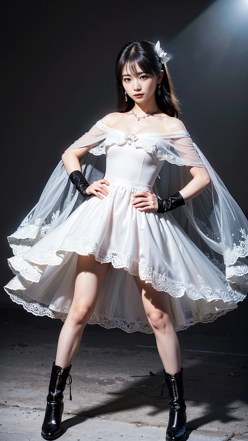 (8k、RAW Photos、highest quality、masterpiece:1.2)、(Realistic、Realistic)、1 girl、((Black dress、Off the shoulder,ribbon、boots、See-through、Stand with hands on hips))、Lots of eyelashes、Glowing eyelids、skeletally correct