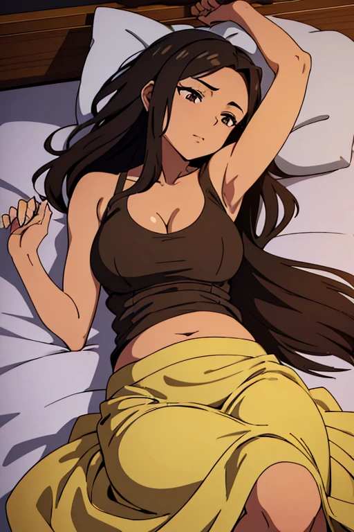 ((best quality)), ((masterpiece)), (detailed), perfect face, brown skin anime woman in a deep V Neck top, (bare shoulders), (long skirt), holding her baby against her belly, (lying down in bed)