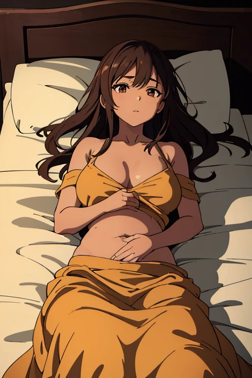 ((best quality)), ((masterpiece)), (detailed), perfect face, brown skin anime woman in a deep V Neck top, (bare shoulders), (long skirt), holding her  against her belly, (lying down in bed)