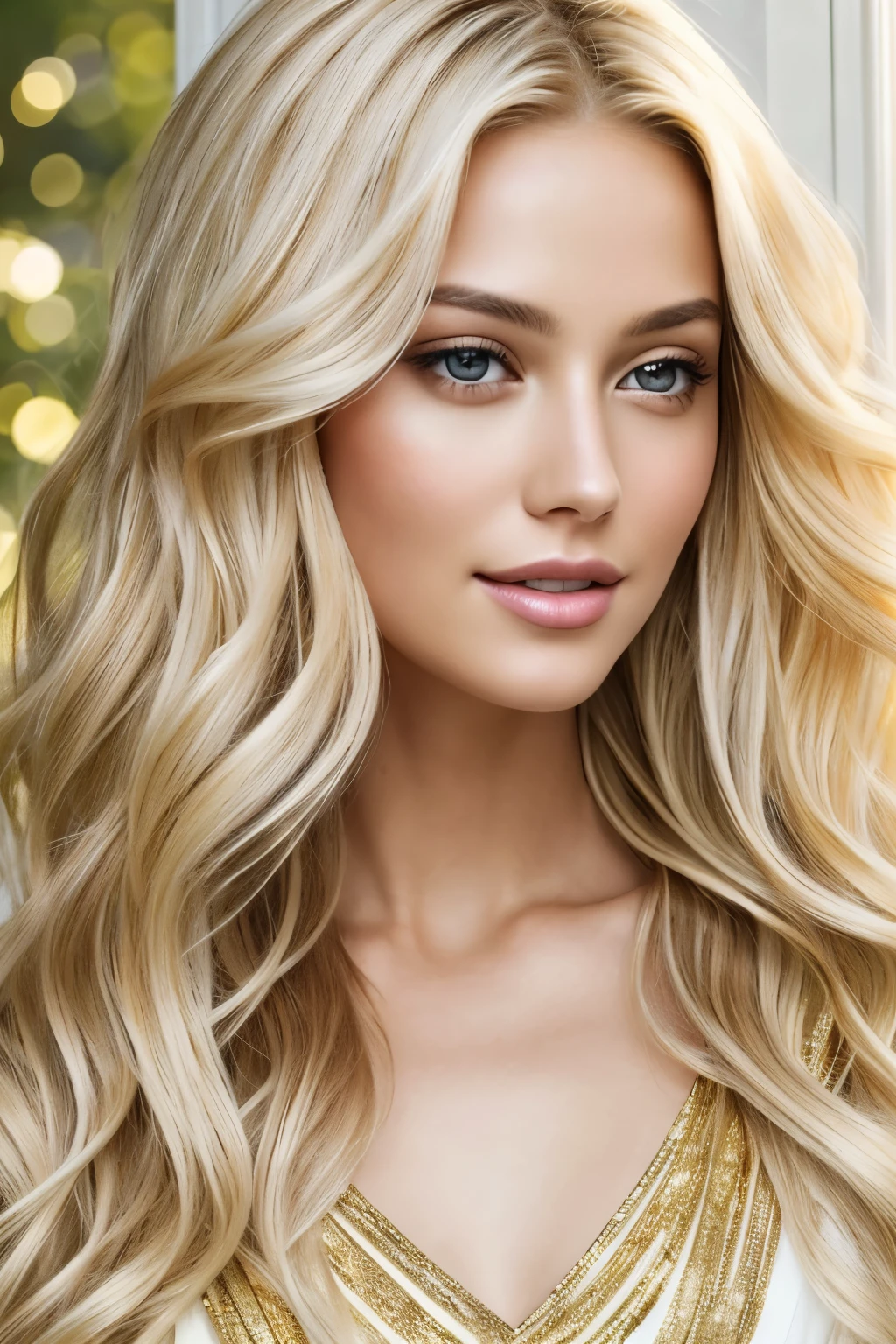 Blonde hair cascades down in soft waves, gleaming under the natural sunlight, expressing a radiant allure that captivates the senses. The high-definition strands reflect the light with a luminous sheen, revealing intricate gold highlights that dance along each strand. Its silky texture invites gentle touch, leaving a trail of silkiness in its wake, as if nature itself had woven a masterpiece of gold threads. The blondness adds a touch of playfulness and innocence, complementing her captivating features with a youthful charm that speaks volumes of her vibrant personality.