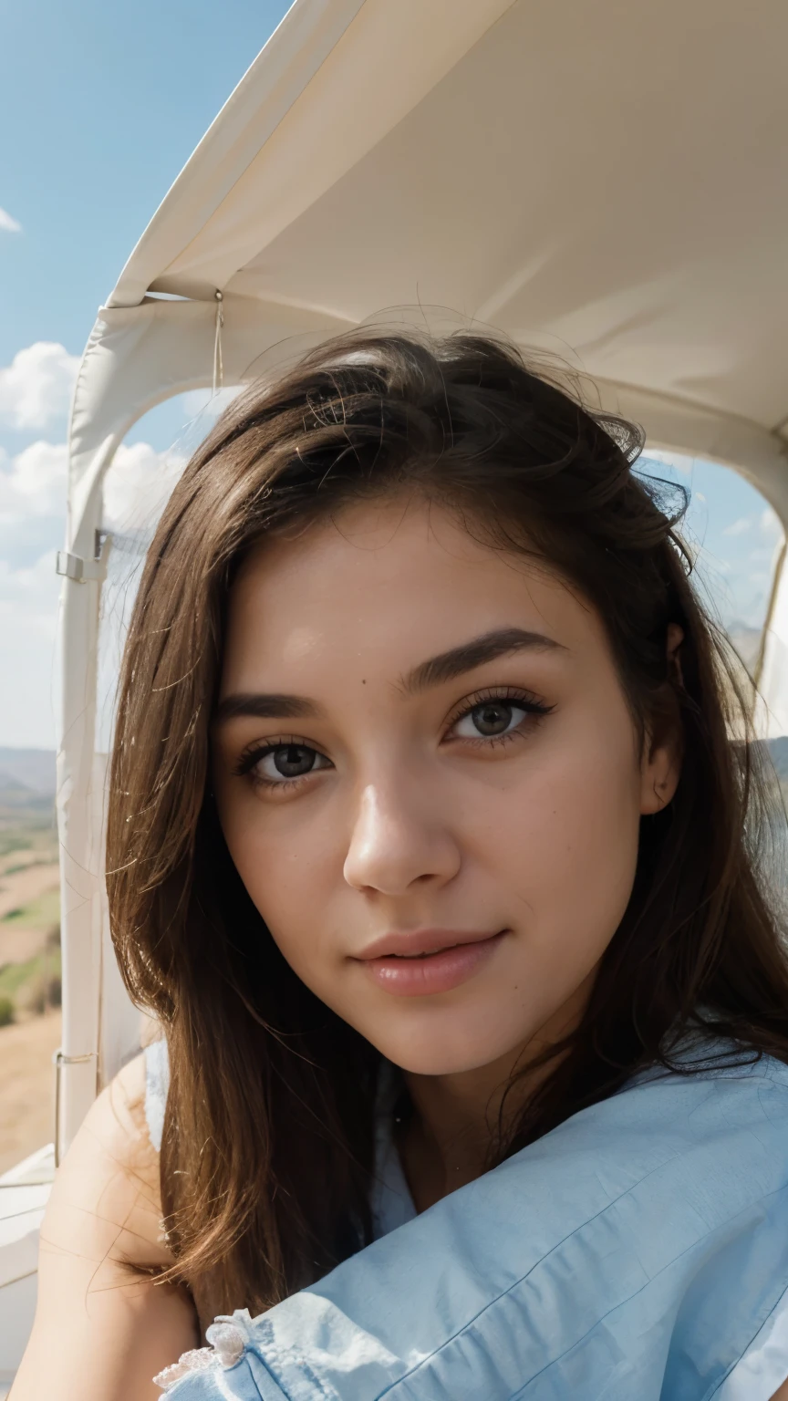 best quality, highres), young woman(1girl):eyes,nose,lips,beautiful detailed eyes,beautiful detailed lips,extremely detailed face, long eyelashes, in a hot air balloon trip, on a beautiful day, beautiful landscape, clear blue sky, fluffy clouds, gentle breeze, vibrant colors, stunning view, panoramic view, adventure, excitement, exploration, enjoying the moment, happiness.